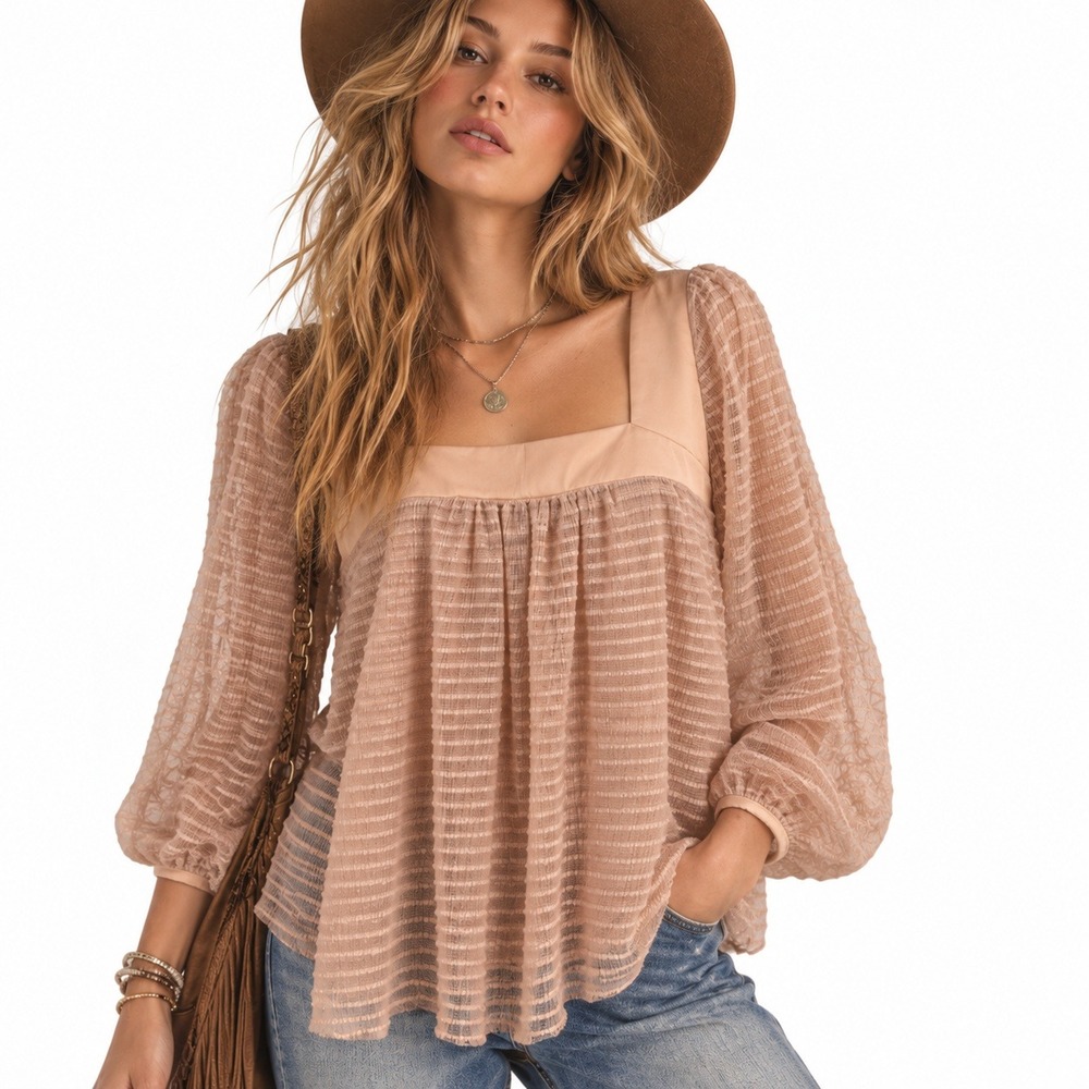 Whimsical Boho Sheer Striped Blouse L Soft Girl Pink Square Neck Balloon Sleeve